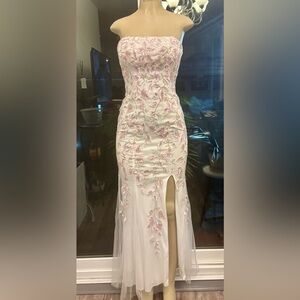 Camille La Vie Cream and Pink Strapless Slit Gown